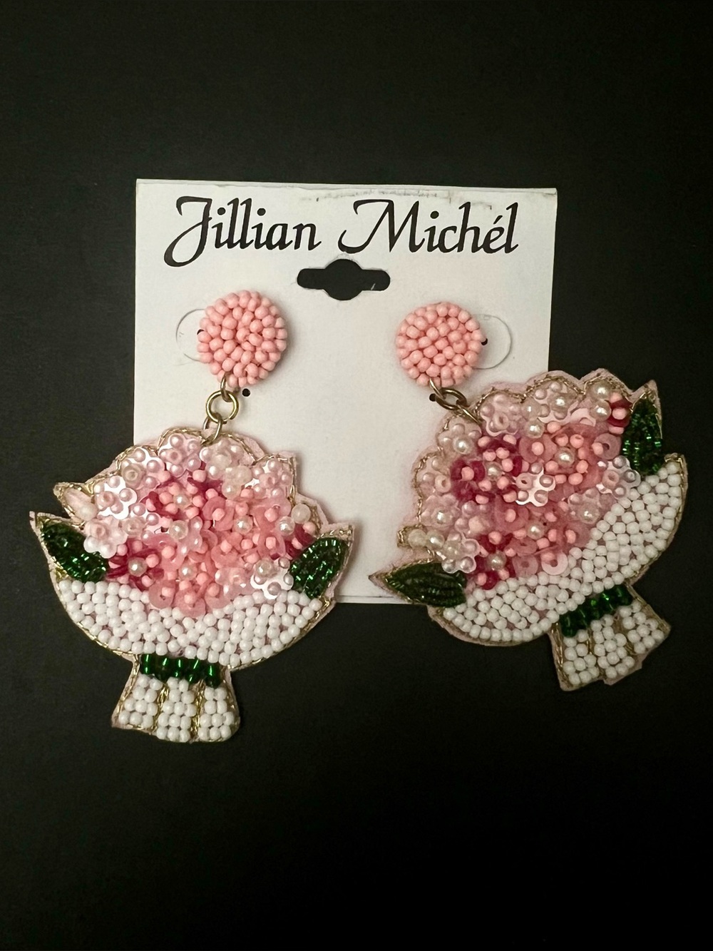 Jillian Michel Pink, White, Green Beaded & Sequined Flower Bouquet Earrings- NEW